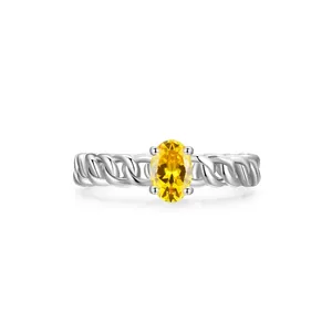 S925 Sterling Silver Oval Yellow Zirconia Ring For Women Simple Twisted Rope Band Finger Ring Niche Design Fine Jewelry