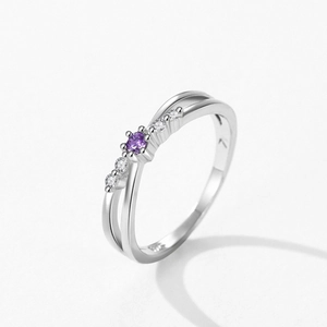 Bague en argent sterling S925 avec bande croisée et zircon violet central