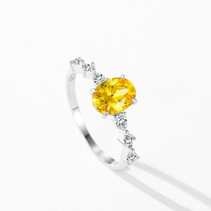 Luxurious S925 sterling silver ring with oval yellow zircon and side diamond accents