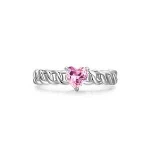 Bague en Argent Sterling S925 Avec Zirconia Cœur Rose Élégante Anneau Chaîne Torsadée Bague de Mariage pour Femme