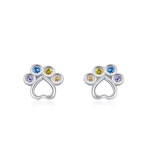 925 Sterling Silver Animal Paw Print Heart Stud Earrings With Multicolor Zirconia For Women Sweet Jewelry Daily Gift