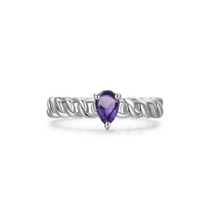 Bague Maillon de Chaîne en Argent Sterling 925 Zirconia Violet Goutte d'eau Design de Niche Bague pour Femme Bijoux de Mode