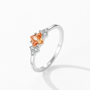 Elegant S925 sterling silver ring with square champagne zircon and side diamonds