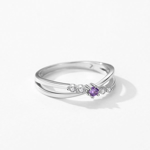 Bague en argent sterling S925 avec zircon violet et design croisé à double couche