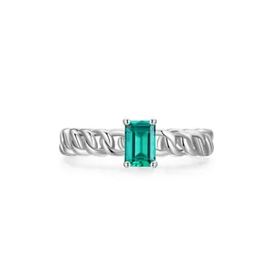 925 Sterling Silver Emerald Cut Green Zirconia Ring Vintage Cuban Chain Band Geometric Gemstone Ring For Women Party Jewelry