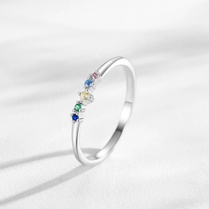 Delicate S925 silver ring featuring five colorful rainbow zircon stones in claw setting