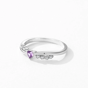 S925 silver ring featuring heart-shaped purple zircon and small white crystals