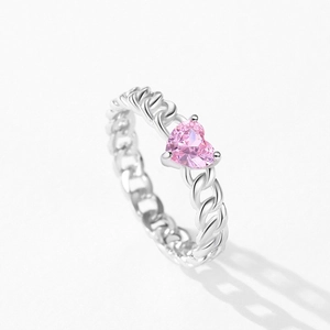 Bague en argent S925 avec cœur rose en zircon sur un anneau chaîne cubaine épuré