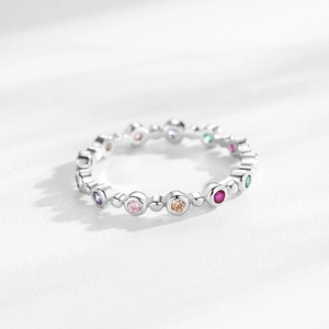Elegant S925 sterling silver rainbow zircon ring with colorful gemstone inlay details