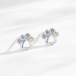 S925 sterling silver animal paw studs with colorful zircon stones and heart cutout