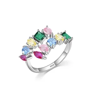 925 Sterling Silver Rainbow Zirconia Ring Geometric Multicolor Gemstone Adjustable Open Ring For Women Jewelry Gift
