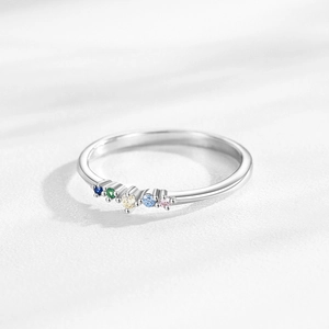 S925 sterling silver rainbow zircon ring with five colorful round gemstones on white background