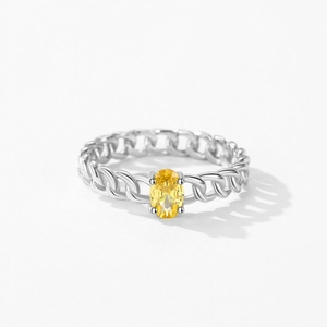 S925 silver Cuban link ring featuring an oval-cut yellow cubic zirconia centerpiece