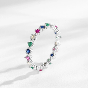 Elegant S925 sterling silver rainbow zircon ring with colorful round-cut gems