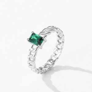 Vintage emerald-cut green gemstone ring with S925 silver Cuban link band style