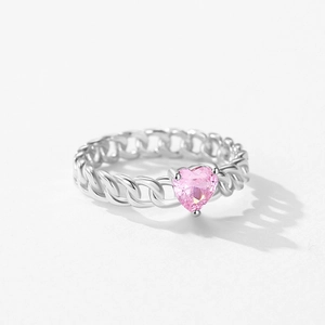 Bague en argent S925 avec pierre de cœur rose et anneau au design de chaîne cubaine
