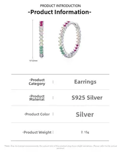 Detail of S925 silver rainbow hoop earrings with 18x22mm size and 2.15g weight specs
