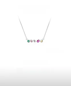 Close-up of S925 silver necklace featuring five geometric colorful rainbow zircons