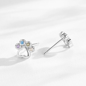 S925 sterling silver animal paw stud earrings with colorful rainbow cubic zirconia stones