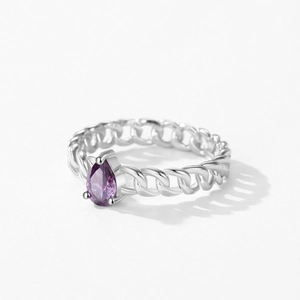 Bague chaîne cubaine en argent S925 ornée d'une pierre précieuse violette en forme de goutte