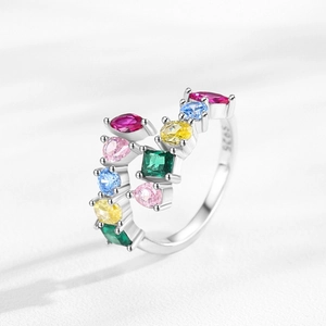 S925 sterling silver open ring with colorful rainbow zircon stones and geometric design