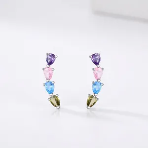 925 Sterling Silver Rainbow Zirconia Water Drop Stud Earrings For Women Light Luxury Geometric Inlaid Pear Shaped Jewelry