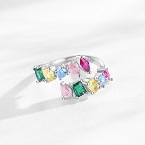 S925 sterling silver open ring featuring geometric multi-colored cubic zirconia gems