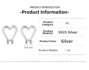 Detail specifications of S925 sterling silver hollow heart studs measuring 10x9.7mm
