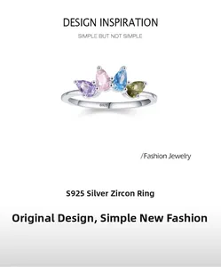 Close-up of S925 silver crown ring with multi-colored teardrop-shaped zircon stones