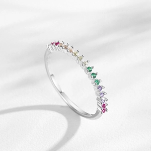 Elegant S925 silver rainbow thin ring with colorful multi-gemstone pavé in 45-degree view