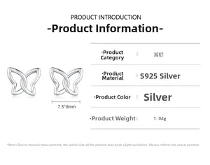 Detailed specs of S925 sterling silver hollow butterfly stud earrings with dimensions