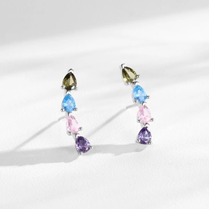 S925 sterling silver stud earrings with multi-color teardrop rainbow zircon stones