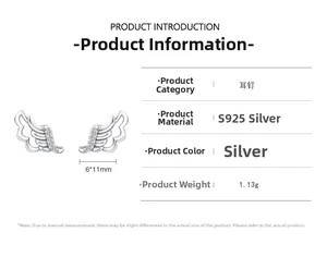Detailed size specifications for S925 sterling silver angel wing stud earrings