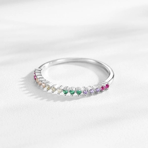 S925 sterling silver ring with multi-color rainbow zircon stones in a thin band style