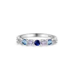 925 Sterling Silver Blue Zirconia Stackable Ring For Women Micro Pave Geometric Jewelry Fashion Band Finger Ring Gift