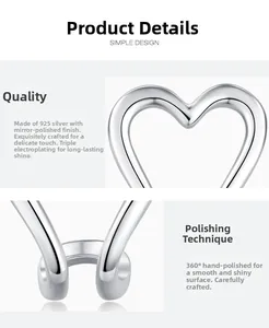 Close-up of S925 sterling silver heart earring with mirror polishing and 3-layer plating