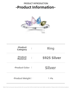 Detailed specs of S925 silver crown ring with colorful teardrop zircons and 1.60g weight