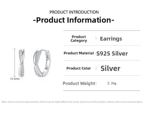 Vue macro de boucles d'oreilles en argent S925 avec spécifications de taille 13,3 mm