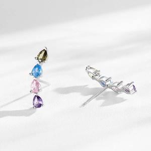 Elegant S925 silver stud earrings featuring vertical teardrop rainbow cubic zirconia stones