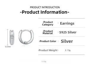 Detail view of S925 sterling silver hoop earring with cubic zirconia and size dimensions