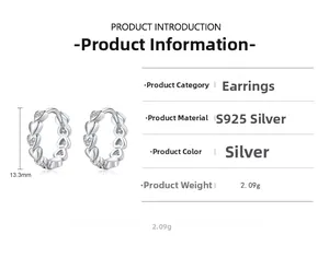 Détails des boucles d'oreilles cœur en argent S925 avec taille de 13,3mm et poids