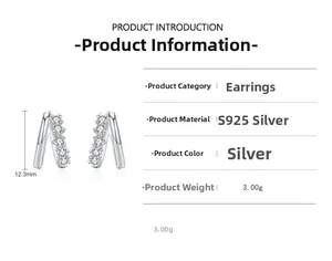 Dettagli tecnici di orecchini in argento S925 con zirconi, altezza 12,3 mm, peso 3g