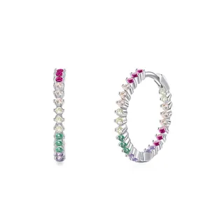 925 Sterling Silver Rainbow Colorful Zirconia Hoop Earrings For Women Luxury Micro Inlaid Round Ear Clips Christmas Jewelry Gift