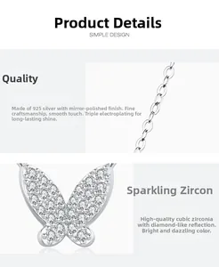 Detailed view of S925 sterling silver butterfly pendant with cubic zirconia and mirror polish