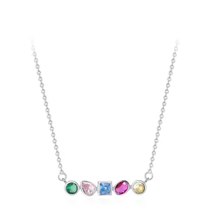 S925 Sterling Silver Rainbow Zirconia Geometric Pendant Necklace For Women Colorful Gemstone Dainty Choker Fashion Jewelry