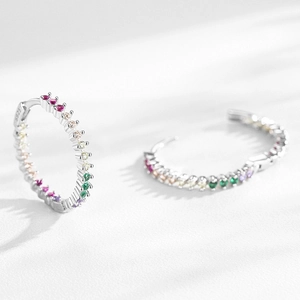 Rainbow S925 sterling silver hoop earrings with multi-color cubic zirconia stones