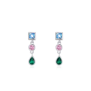 925 Sterling Silver Stud Earrings Multicolor Rhinestone Square Round Waterdrop Geometric Earrings For Women Party Fashion Jewelry