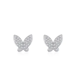 Boucles d'Oreilles Clous Papillon en Argent Sterling S925 pour Femmes Brillants Strass Incrustés Bijoux de Mode de Luxe Élégants
