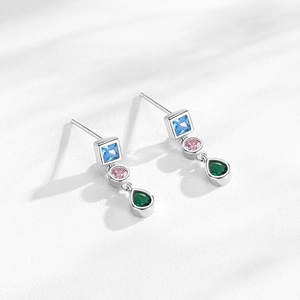 S925 silver rainbow zircon earring set with square, round, and teardrop shaped gems