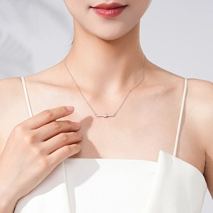Elegant S925 silver geometric necklace with sparkling rhinestone bar on a female model